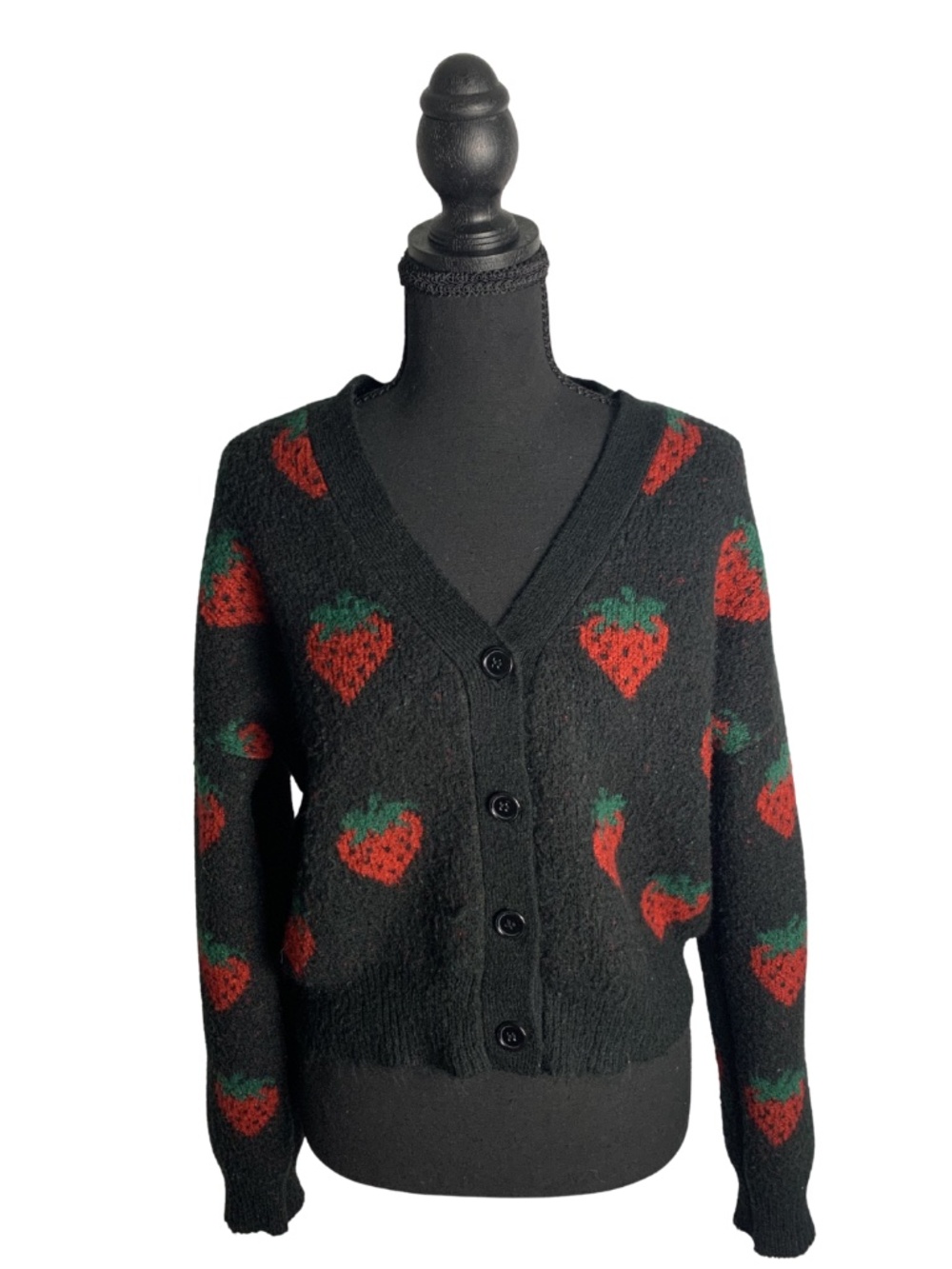Black Strawberry Print Cropped Cardigan Sweater Women's M Cottagecore